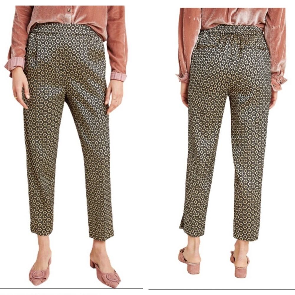Anthropologie Larkin Jacquard Gold Metallic Pull-On Tapered Cropped Trousers XS